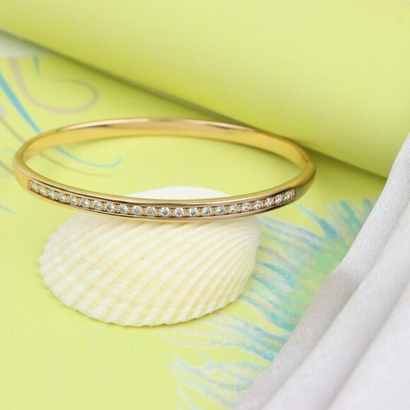 Elegant Rose Gold Bangle with CZ Stones in Sleek Minimal Design, XPBL0415 - Picture 3 of 11